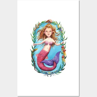 Pink-Tailed Mermaid and her Seaweed Circle Posters and Art